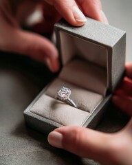A closeup of a woman's hands gently opening a gray ring box to reveal a stunning diamond engagement ring.  Elegance and anticipation.