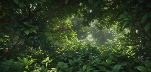 Fototapeta premium Intricate network of broad, vibrant green leaves creates a dense, shaded understory , earth, ecology