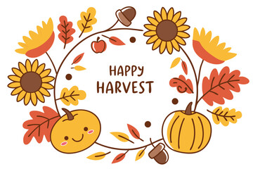 Cute Happy Harvest wreath illustration with pumpkins, sunflowers, acorns, apple and colorful leaves.