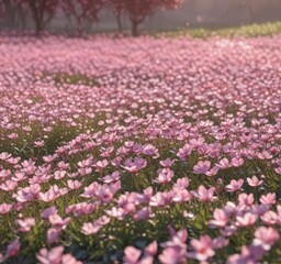 Obraz premium Delicate pink flower field, sunlit petals, natural scene, scenic, pretty