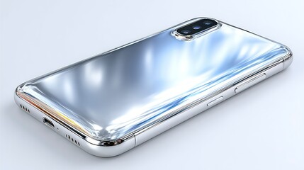 A sleek modern smartphone with a reflective metallic finish and dual camera setup