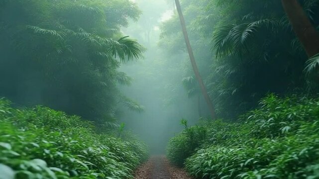 scene looking straight into a dense tropical rain forest