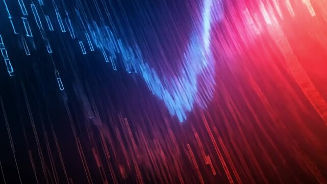 Abstract Digital Data Stream: Binary Code Rain in Vivid Red and Blue Hues