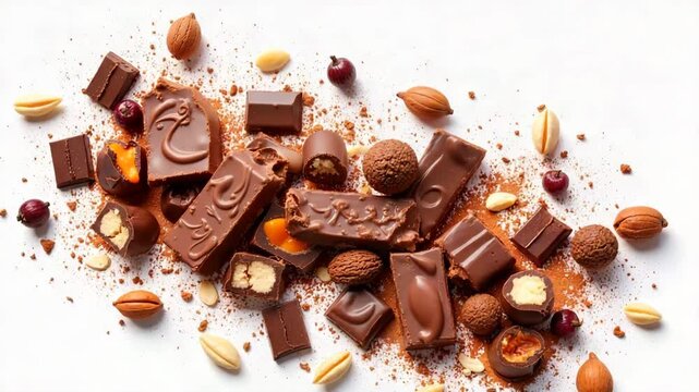 Assorted milk chocolate pieces, nuts, and dried fruit, arranged on white background, for food blogs