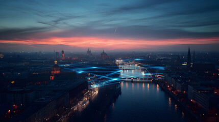 Fototapeta premium Architectural blueprint overlay on a modern cityscape at dusk, sunset, architecture