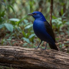 Naklejka premium Blue winged blackbird perched on a branch in a green natural setting