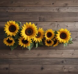 Obraz premium Several sunflowers arranged on weathered wood, flowers, light, wooden