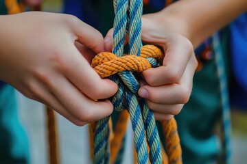 Scouts actively engaging in knot-tying skills at a training session surrounded by colorful ropes in an educational environment during a bright day