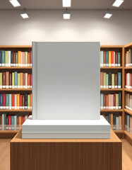 Blank gray hardcover book on bookstore showcase. 3D rendering illustration mock-up, flat papercut style. White tone