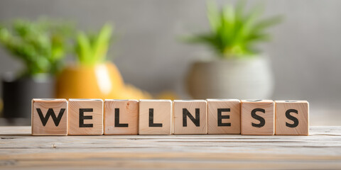 Wooden Blocks Spelling &ldquo;Wellness&rdquo; on Rustic Table with Green Plants in Soft Focus Background
