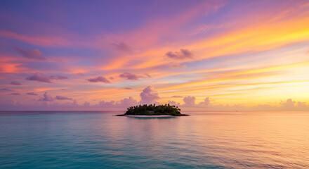 Fototapeta premium summer, tropical, sunset, beach, island, coast, mountain, golden hour, sunlight, seascape, ocean, waves, calm, remote, paradise, vacation, peaceful, tropical forest, jungle, waterfall, warm, travel, h