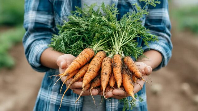 Freshly harvested carrots with green tops held in farmer&rsquo;s hands wearing plaid shirt in organic vegetable field