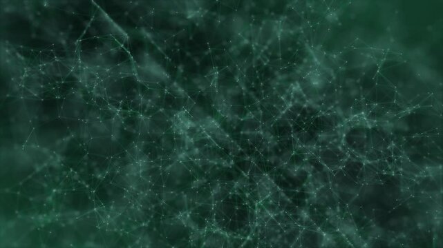 Fractal plexus pattern of digital data and abstract concepts of cybersecurity technology on green background loop, with network connection of polygons, lines, and dots in slow motion.