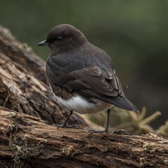 Fototapeta premium Black Phoebe on a Branch: A close-up shot of a Black Phoebe perched on a textured tree branch, showcasing its distinct black plumage and white belly, in a natural habitat.