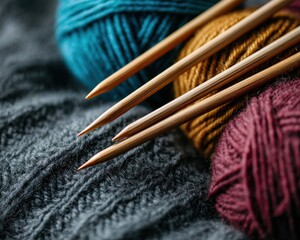 Close-up of three wooden knitting needles resting on a cozy, dark gray knitted fabric with balls of yarn in teal, mustard, and burgundy.