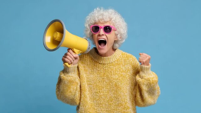 Energetic elderly woman in yellow sweater and pink sunglasses shouting through megaphone on blue background