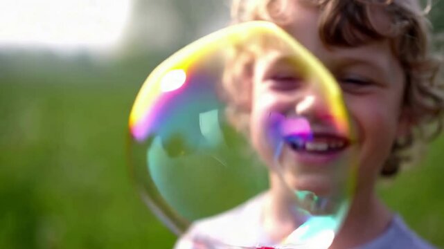 Child Blowing a Large, Colorful Bubble with Red Handle  Engaging videoeo. A young child smiles as he blows a large bubble.