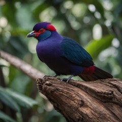 Purple-crested Turaco perched on branch: A vibrant purple-crested turaco, with a striking display of color, sits perched gracefully on a weathered tree branch in a lush, verdant environment.