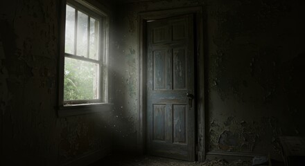Sunlit Dust Motes in Abandoned Room with Peeling Walls