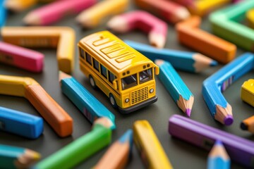 Obraz premium Engaging back to school maze featuring playful elements like books, buses, and pencils, designed with a golden spiral layout leading to open space