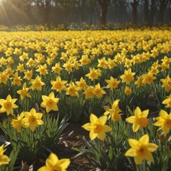 Fototapeta premium Sunlit field of vibrant yellow daffodils, petals gleaming , wallpaper, springtime, daffodils