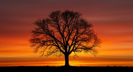 Silhouette of a Bare Tree Against a Fiery Sunset Sky, Dramatic L