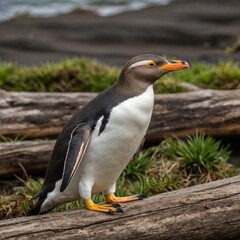 Naklejka premium Yellow-eyed penguin in Coastal Habitat: A striking portrait of a yellow-eyed penguin perched on a weathered log in its natural coastal environment.