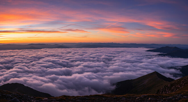 Stunning panoramic view of a mountain landscape during sunset or sunrise. In the foreground, there are peaks partially covered by shadows.