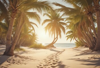 Obraz premium Sun-drenched palm trees arch over pristine sand, vintage film grain , coconut palm, film grain, sand