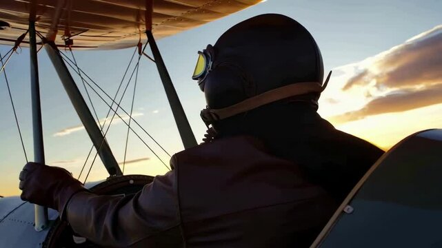Sunset Flight: Pilot Uniform and Sunset Overhead View. A man in a leather jacket and goggles sits in a biplane at sunset.