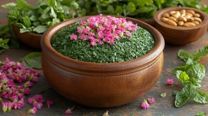 Fresh green herb dish topped with pink flowers