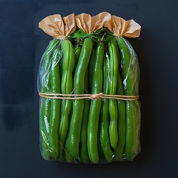 Fresh green beans in a clear plastic bag tied with brown paper