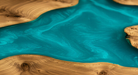 Close-up view of a tabletop or surface made from a combination of natural wood and epoxy resin. The wood has a light, natural grain, and the epoxy resin is a vibrant turquoise color.