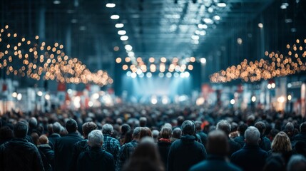 Large Crowd at an Indoor Event with Festive Lights and Stage Lighting