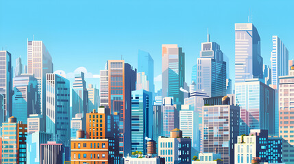 Naklejka premium Illustrated cityscape with various skyscrapers against a bright blue sky in daytime scene art