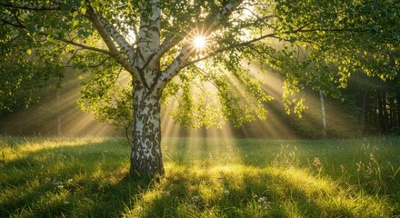 Rays of sunlight shine through foliage, highlighting the smooth pale bark of a tree standing in grass.