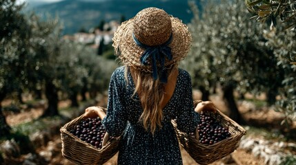 Harvesting Olives A Woman Carrying Baskets in a Lush Orchard