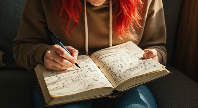 Redhead Woman Sketches Website Wireframes in Notebook - Powered by Adobe