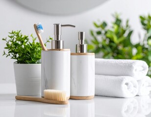 Naklejka premium Neatly arranged bathroom essentials — soap dispenser, toothbrush holder, rolled towel
