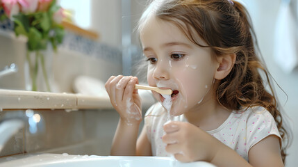 A young girl with brown hair brushing her teeth in a bathroom with a toothbrush and toothpaste