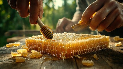 Beekeeper cuts wax from honeycomb with honey dipper