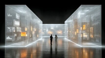 Fototapeta premium Futuristic Data Visualization Two Figures in a Digital Landscape with Holographic Displays and