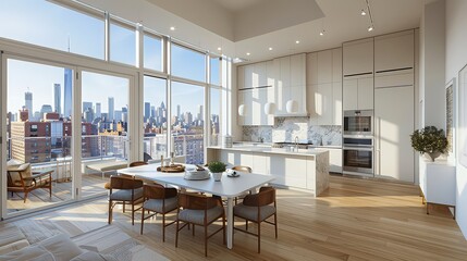 Fototapeta premium A modern apartment interior with a dining table and kitchen overlooking a cityscape through large windows