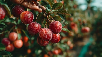 Obraz premium Fresh Ripe Berries on a Tree Branch with Dew Drops CloseUp Photography for Nature and Food Th