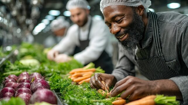 Food Preparation in a Professional Kitchen with Fresh Vegetables and Skilled Workers