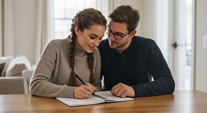 Young Couple Collaborating on a Notebook Project at Wooden Table
