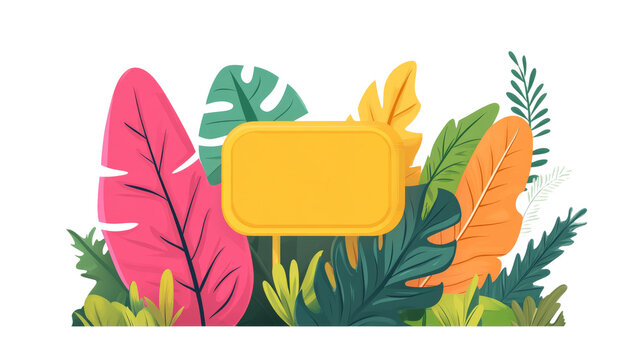 Minimalistic tropical banner with colorful leaves and central space for text, white background