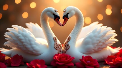 A simple and clear sentence for naming the image could be:
Two graceful swans on a peaceful lake showing love and beauty in nature