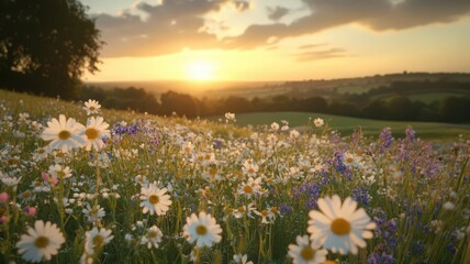 Wildflower Meadow at Sunset: Golden Light, Daisies, and Vibrant Colors