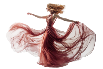 Graceful dance by a woman in a flowing orange dress captured against a transparent background, embodying motion and freedom in a dramatic pose
